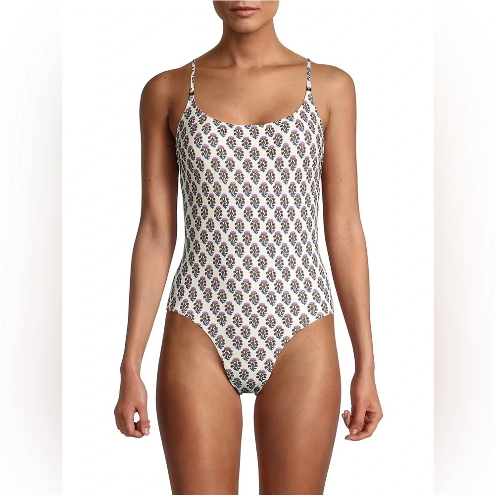 Tory Burch Floral Print One-Piece Swimsuit in Purple Bloom Size M - Picture 3 of 13